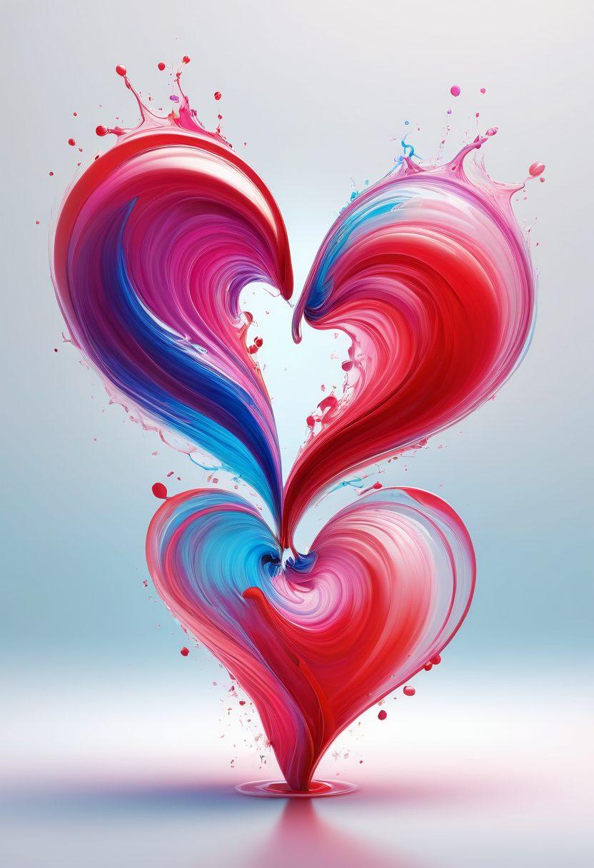 A swirling, colorful representation of love, depicted as flowing liquids intertwining in a dance of emotions; heart shapes formed by the fluid dynamics, with vibrant red and pink colors contrasting against a soft blue background; delicate particles symbolize connection and attraction; gentle waves radiate warmth and passion. vector art. vibrant colors. white background.